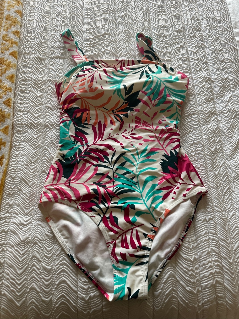 Eddie Bauer White One-Piece Swimsuit with Pink & Teal Leaf Print